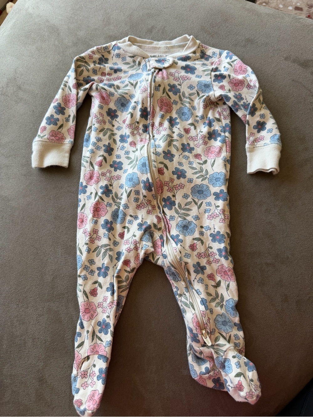 Carters Floral Zip-Front Baby One-Piece in Cream with Pink & Blue Sleeper
